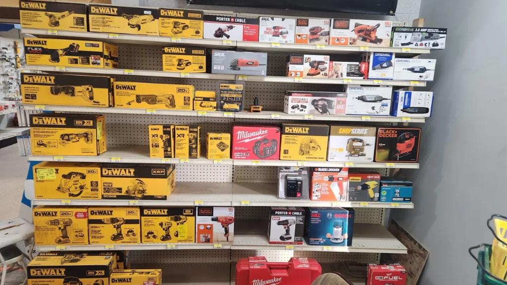 Power tools wall — DeWalt, Milwaukee and more